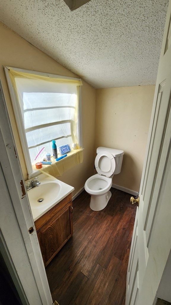 bathroom with hardwood / wood-style floors, vanity, a textured ceiling, and toilet