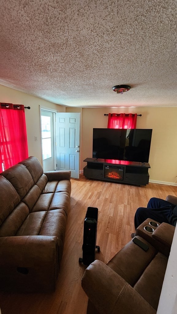 living room featuring hardwood / wood-style floors and a textured ceiling