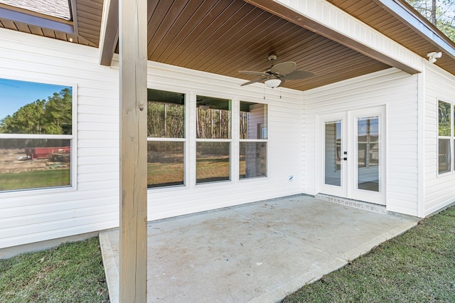 view of patio / terrace with french doors and a ceiling fan