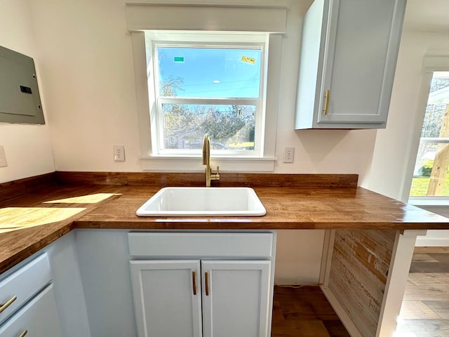 kitchen featuring sink, wooden counters, electric panel, wood-type flooring, and white cabinets