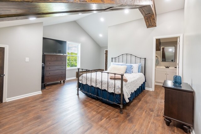 97 Eudon Best Rd, Ashford, AL 36312 - bedroom featuring wood finished floors, baseboards, connected bathroom, recessed lighting, and high vaulted ceiling