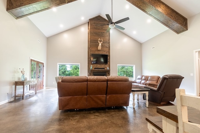 97 Eudon Best Rd, Ashford, AL 36312 - living area with high vaulted ceiling, concrete floors, a ceiling fan, baseboards, and recessed lighting