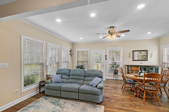 409 Drake Dr, Dothan, AL 36605 - living room with ornamental molding, a ceiling fan, healthy amount of natural light, recessed lighting, and wood finished floors
