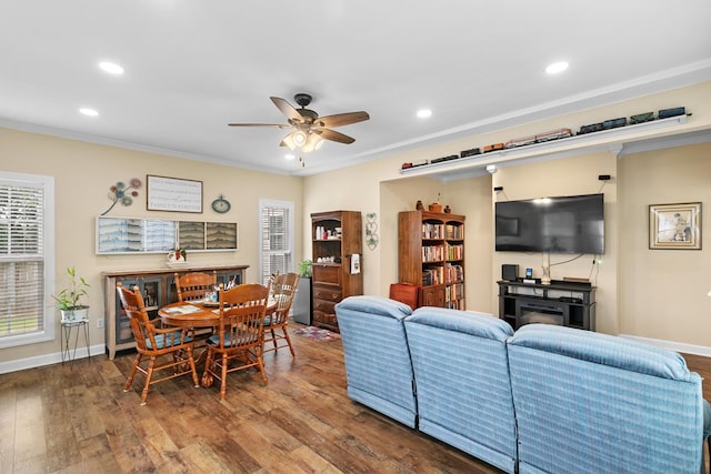 409 Drake Dr, Dothan, AL 36605 - living room with healthy amount of natural light, a ceiling fan, crown molding, wood finished floors, and recessed lighting