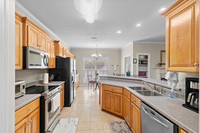 409 Drake Dr, Dothan, AL 36605 - kitchen featuring appliances with stainless steel finishes, a chandelier, light tile patterned floors, ornamental molding, and light countertops