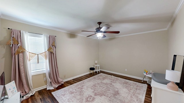 180 Fairway Woods Dr, Ozark, AL 36360 - interior space with dark wood finished floors, a ceiling fan, ornamental molding, and baseboards
