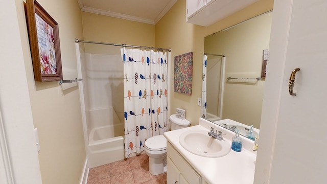 full bathroom featuring shower / bath combo, vanity, tile patterned floors, toilet, and ornamental molding