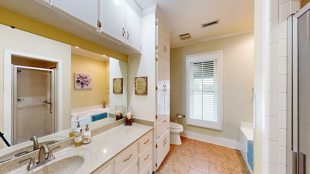 full bathroom with tile patterned floors, crown molding, toilet, vanity, and shower with separate bathtub