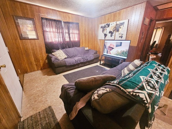 carpeted living room with wooden walls and a textured ceiling