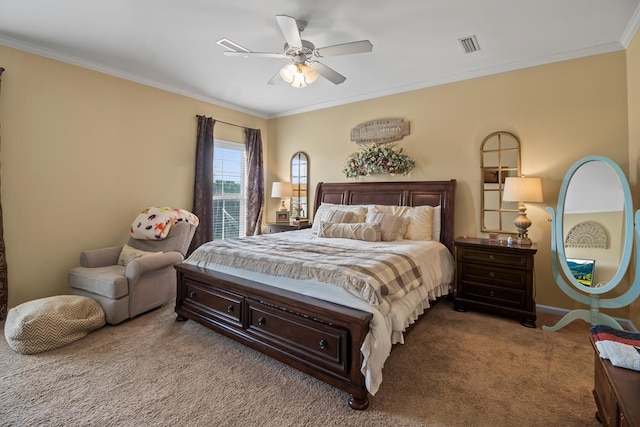 118 Brookstone Ct, Headland, AL 36345 - carpeted bedroom with crown molding, ceiling fan, and visible vents