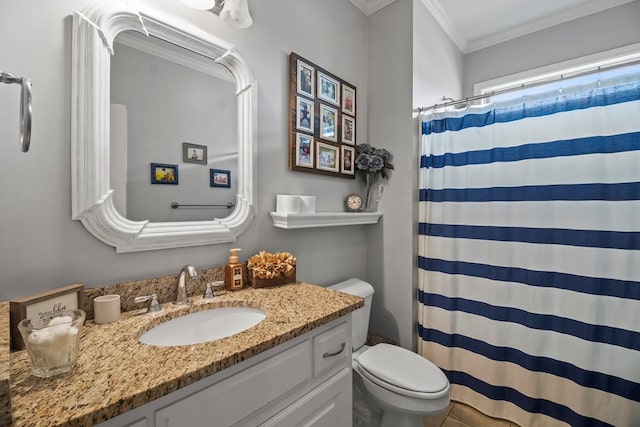 118 Brookstone Ct, Headland, AL 36345 - bathroom featuring vanity, ornamental molding, curtained shower, and toilet