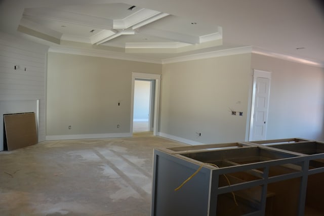 unfurnished living room featuring beamed ceiling, ornamental molding, concrete floors, and coffered ceiling