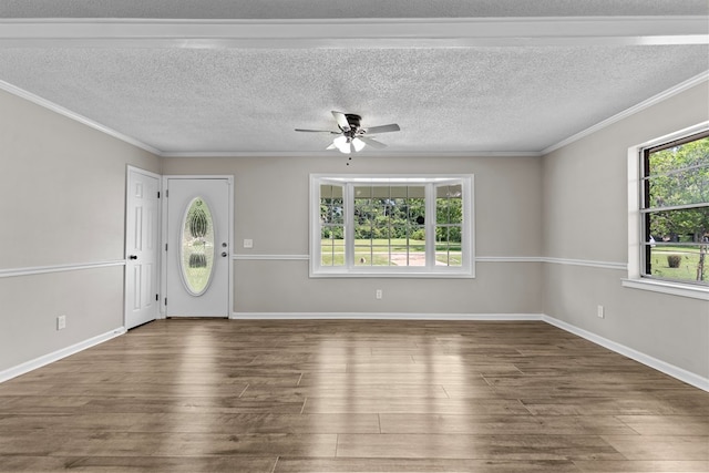 foyer with a textured ceiling, plenty of natural light, dark wood-type flooring, and ceiling fan