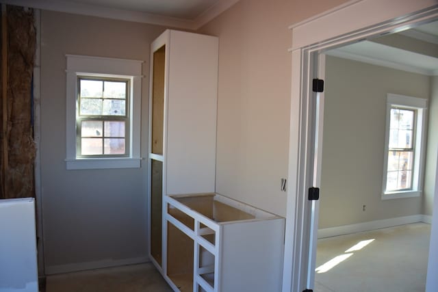 entryway with ornamental molding and a wealth of natural light