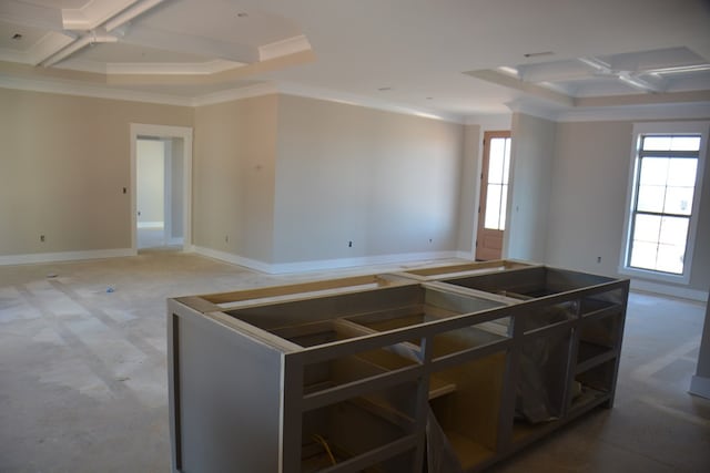 kitchen featuring coffered ceiling and ornamental molding