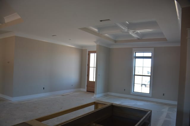 unfurnished room with beam ceiling, ornamental molding, and coffered ceiling