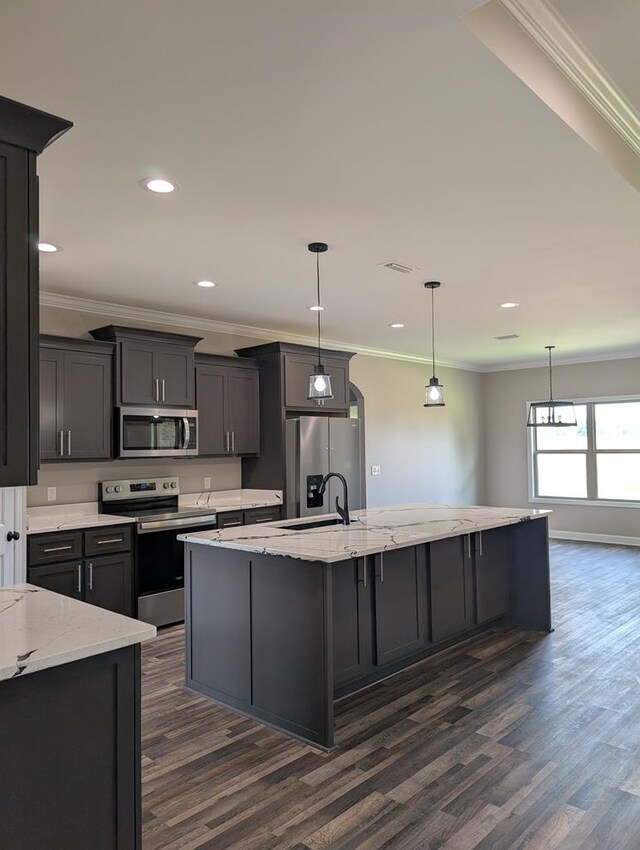 12611 Fortner St, Newton, AL 36352 - kitchen with stainless steel appliances, dark wood-type flooring, an island with sink, ornamental molding, and a sink