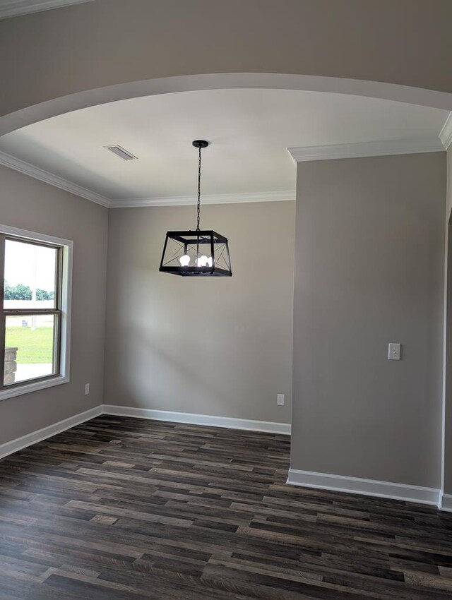 12611 Fortner St, Newton, AL 36352 - unfurnished room with crown molding, baseboards, dark wood-type flooring, and a chandelier