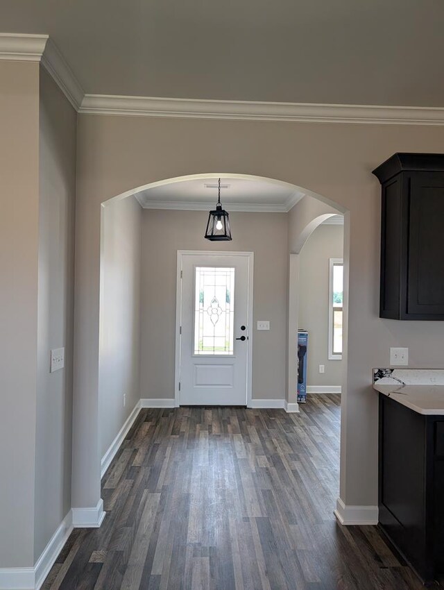 12611 Fortner St, Newton, AL 36352 - entryway with arched walkways, dark wood-style flooring, healthy amount of natural light, baseboards, and crown molding