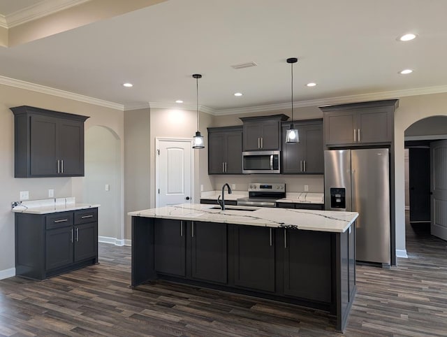 12611 Fortner St, Newton, AL 36352 - kitchen with appliances with stainless steel finishes, arched walkways, a sink, dark wood-style flooring, and recessed lighting
