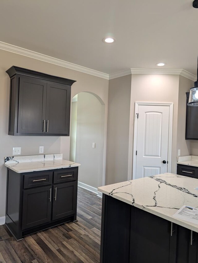 12611 Fortner St, Newton, AL 36352 - kitchen featuring dark wood-style floors, light stone counters, arched walkways, ornamental molding, and baseboards