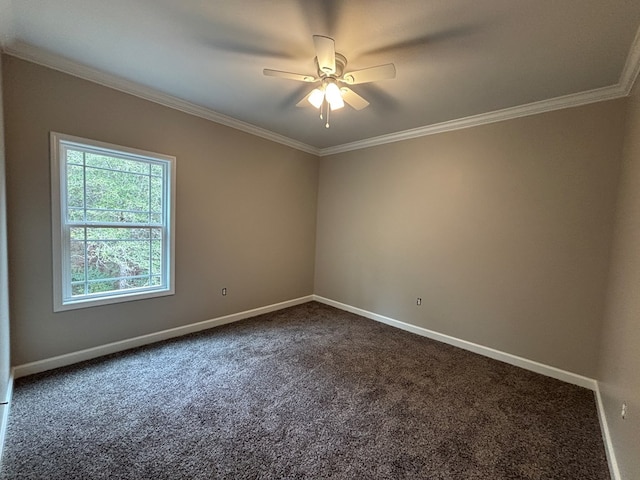 spare room featuring crown molding, carpet floors, and ceiling fan