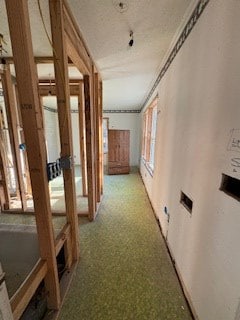 hall featuring a textured ceiling and carpet flooring