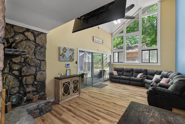8165 County Road 97, Abbeville, AL 36310 - living area with a ceiling fan, wood finished floors, and high vaulted ceiling