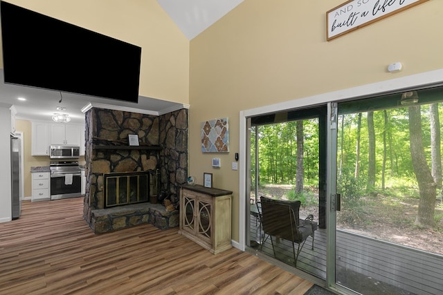 8165 County Road 97, Abbeville, AL 36310 - living room with wood finished floors, plenty of natural light, baseboards, and high vaulted ceiling