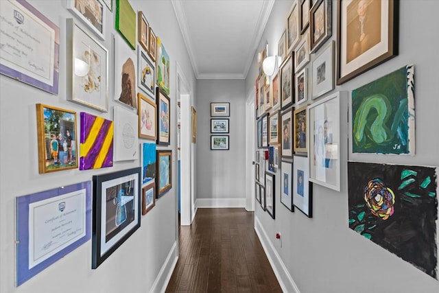 corridor featuring baseboards, ornamental molding, and dark wood finished floors