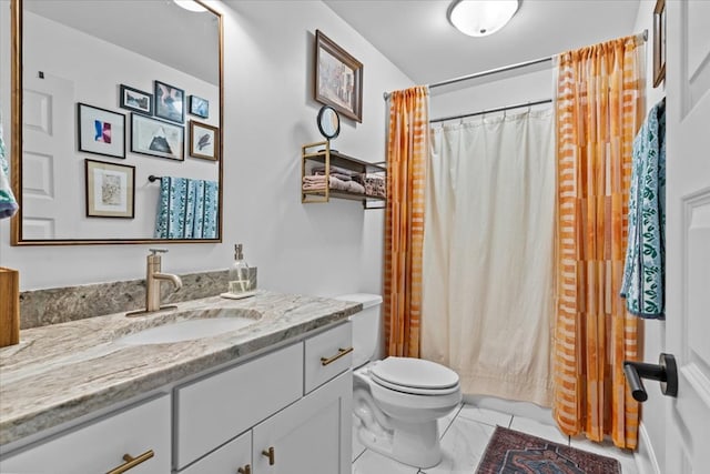 full bathroom with a shower with shower curtain, marble finish floor, toilet, and vanity