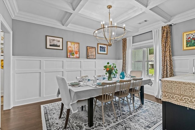 dining space with an inviting chandelier, a decorative wall, visible vents, and coffered ceiling