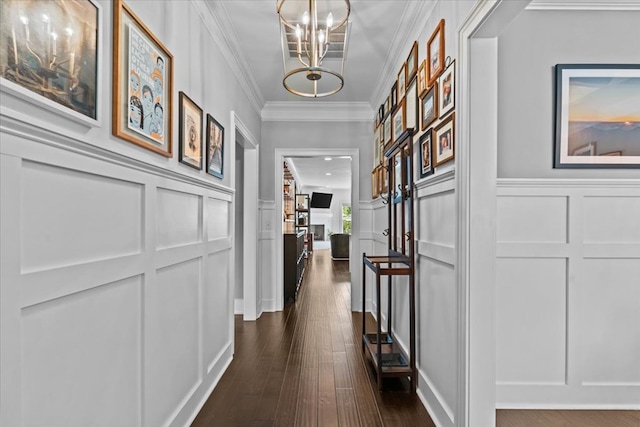 hallway featuring ornamental molding, a decorative wall, a chandelier, and dark wood finished floors