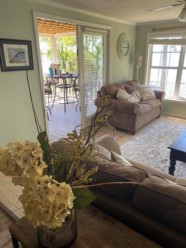 living area featuring ornamental molding, plenty of natural light, a ceiling fan, and a textured ceiling