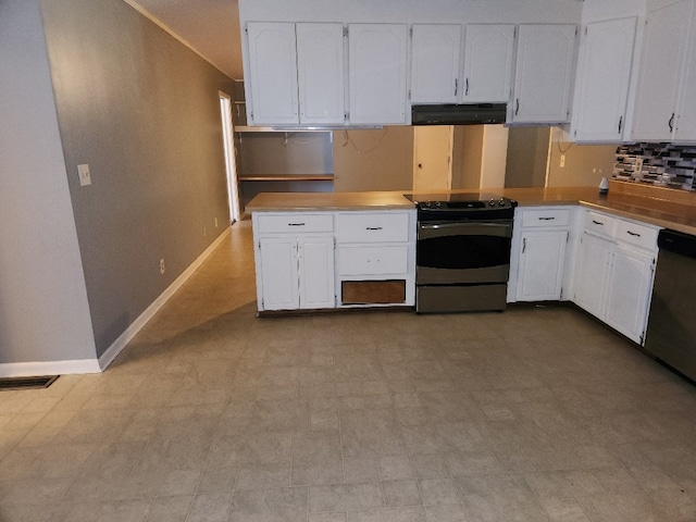 kitchen with white cabinets, kitchen peninsula, black / electric stove, and dishwasher