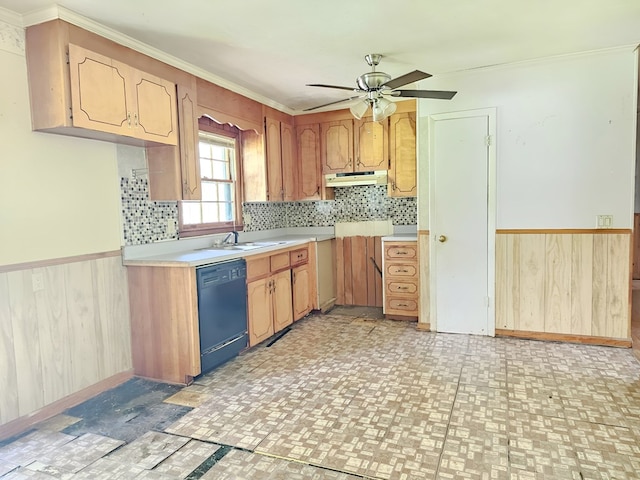 228 Sharon Ln, Ozark, AL 36360 - kitchen featuring dishwasher, under cabinet range hood, a wainscoted wall, a ceiling fan, and wooden walls