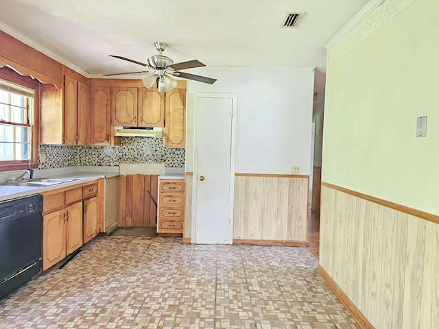 228 Sharon Ln, Ozark, AL 36360 - kitchen with dishwasher, crown molding, under cabinet range hood, ceiling fan, and tasteful backsplash