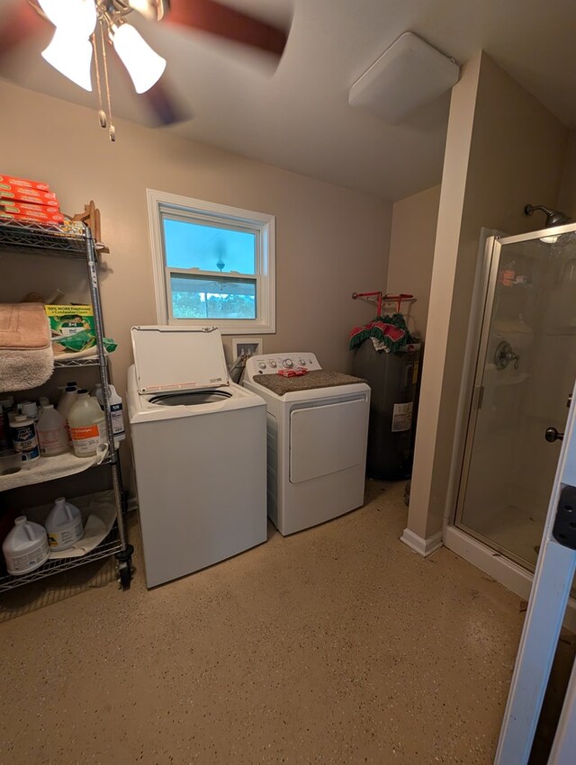 2302 Stonebridge Rd, Dothan, AL 36301 - laundry area featuring washer and dryer, ceiling fan, and water heater