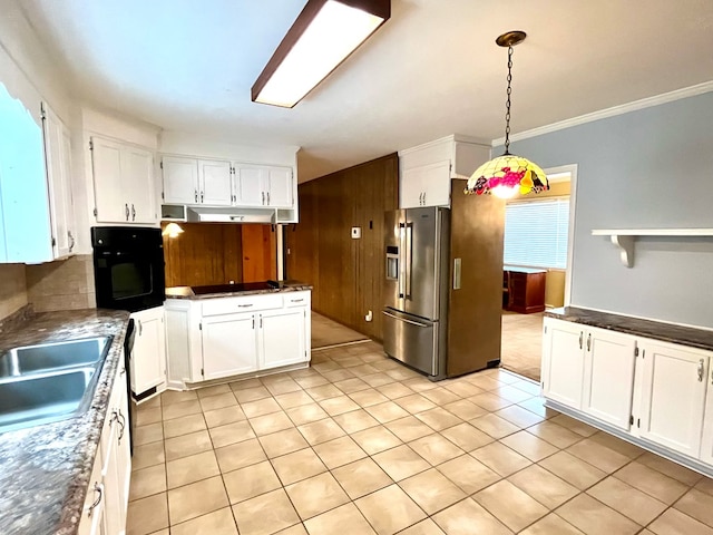 kitchen featuring pendant lighting, white cabinetry, sink, black appliances, and crown molding