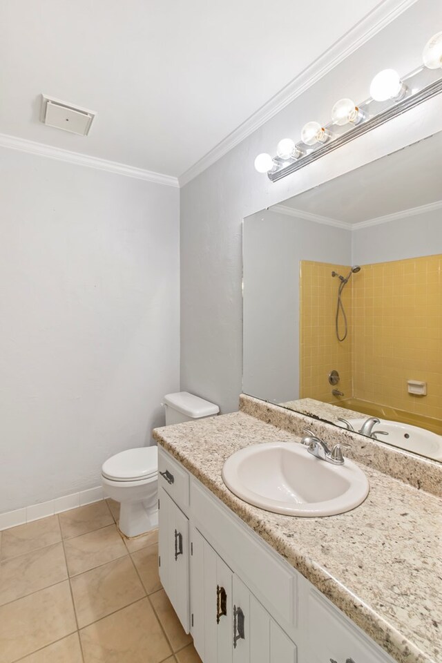 full bathroom with crown molding, tile patterned flooring, vanity, and toilet