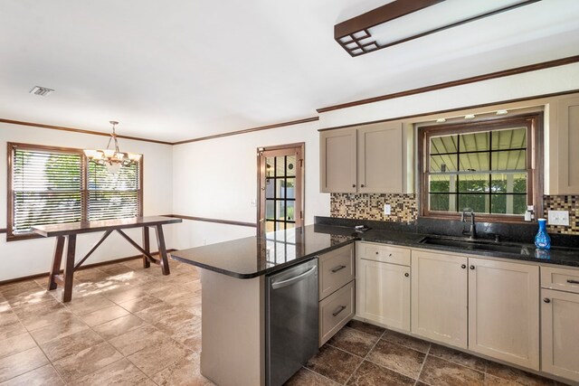 kitchen with sink, stainless steel dishwasher, backsplash, kitchen peninsula, and pendant lighting