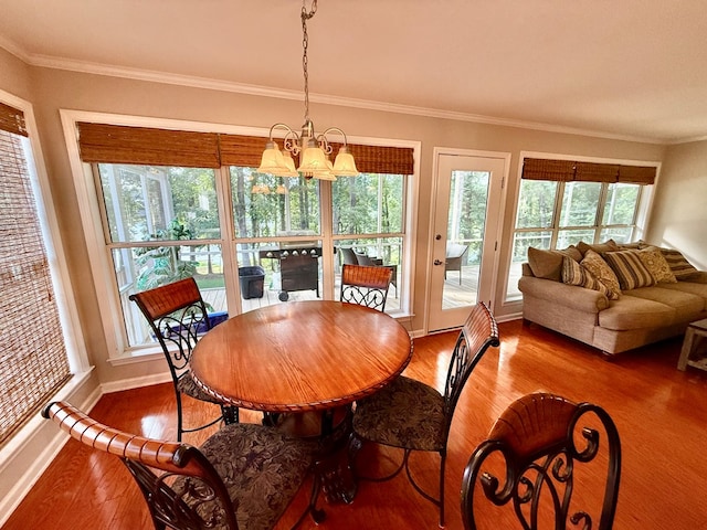 683 B Calhoun Dr, Abbeville, AL 36310 - dining area with wood finished floors, healthy amount of natural light, a chandelier, and ornamental molding