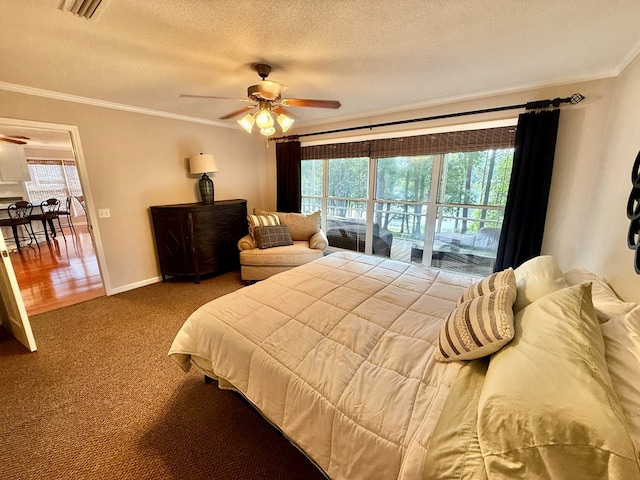 683 B Calhoun Dr, Abbeville, AL 36310 - carpeted bedroom featuring crown molding, a textured ceiling, and a ceiling fan