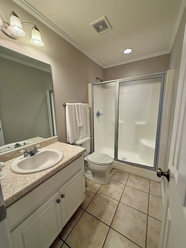 683 B Calhoun Dr, Abbeville, AL 36310 - bathroom with a stall shower, vanity, tile patterned flooring, ornamental molding, and recessed lighting