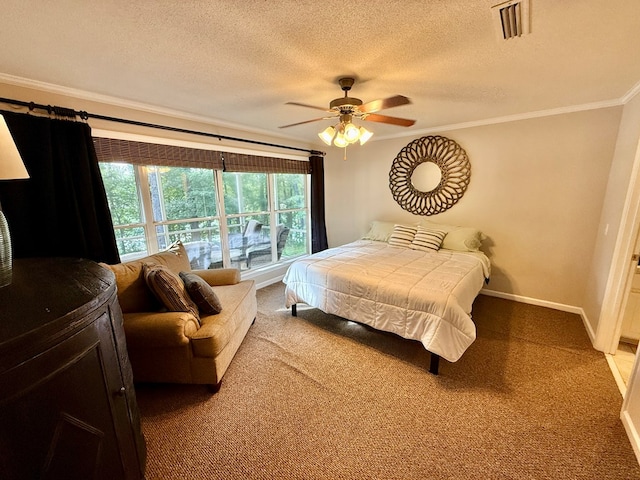 683 B Calhoun Dr, Abbeville, AL 36310 - bedroom featuring carpet floors, crown molding, a textured ceiling, and ceiling fan