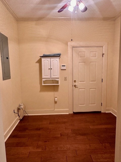 6 Woodmere Dr, Dothan, AL 36305 - foyer entrance featuring ornamental molding, a ceiling fan, dark wood-type flooring, electric panel, and a textured ceiling