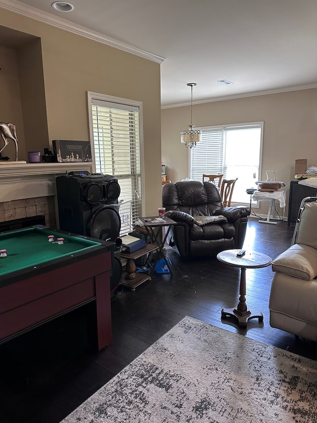 112 Covenant Dr, Dothan, AL 36303 - living area featuring dark wood-type flooring, crown molding, billiards table, and a chandelier