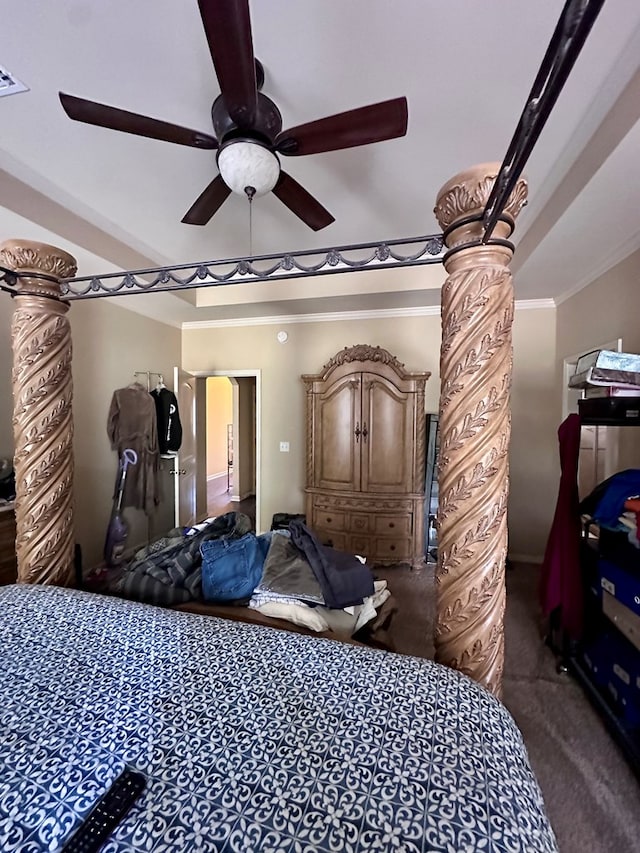 112 Covenant Dr, Dothan, AL 36303 - bedroom with dark colored carpet, ornamental molding, and ceiling fan