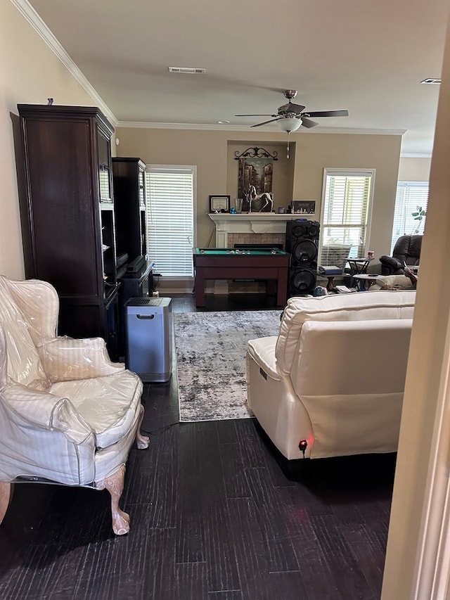 112 Covenant Dr, Dothan, AL 36303 - living area featuring dark wood-style floors, crown molding, ceiling fan, healthy amount of natural light, and billiards