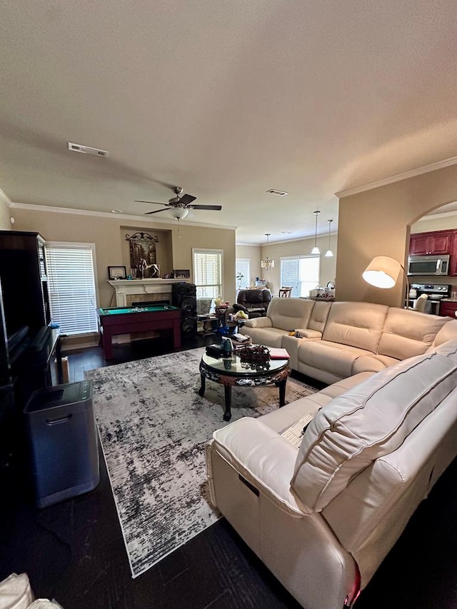 112 Covenant Dr, Dothan, AL 36303 - living room with crown molding, billiards table, ceiling fan, and wood finished floors